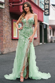 Green Mermaid Spaghetti Straps Corset Long Prom Dress with Slit