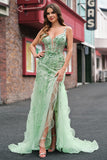 Green Mermaid Spaghetti Straps Lace Up Back Prom Dress with 3D Flowers