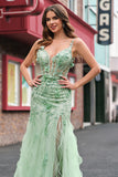 Green Mermaid Spaghetti Straps Corset Long Prom Dress with Slit