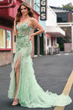 Green Mermaid Spaghetti Straps Corset Long Prom Dress with Slit