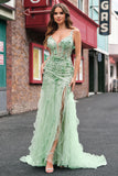 Green Mermaid Spaghetti Straps Corset Long Prom Dress with Slit