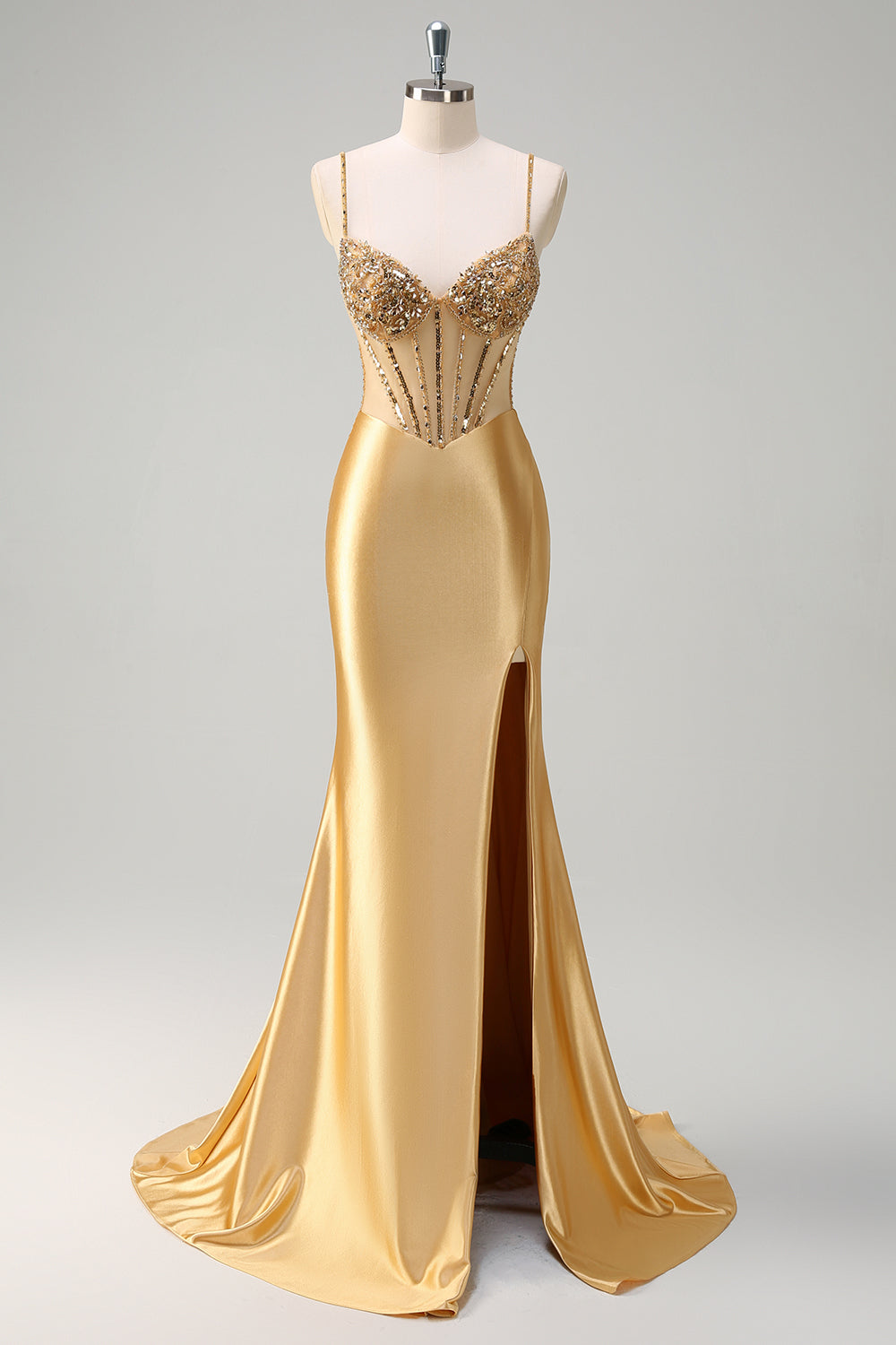 Wedtrend Women Sparkly Golden Long Prom Dress with Slit Mermaid Spaghetti Straps Corset Evening Party Dress with Lace Up Back WEDTREND Wedtrend Women Sparkly Golden Long Prom Dress with Slit Mermaid Spaghetti Straps Corset Evening Party Dress with Lace Up Back WEDTREND