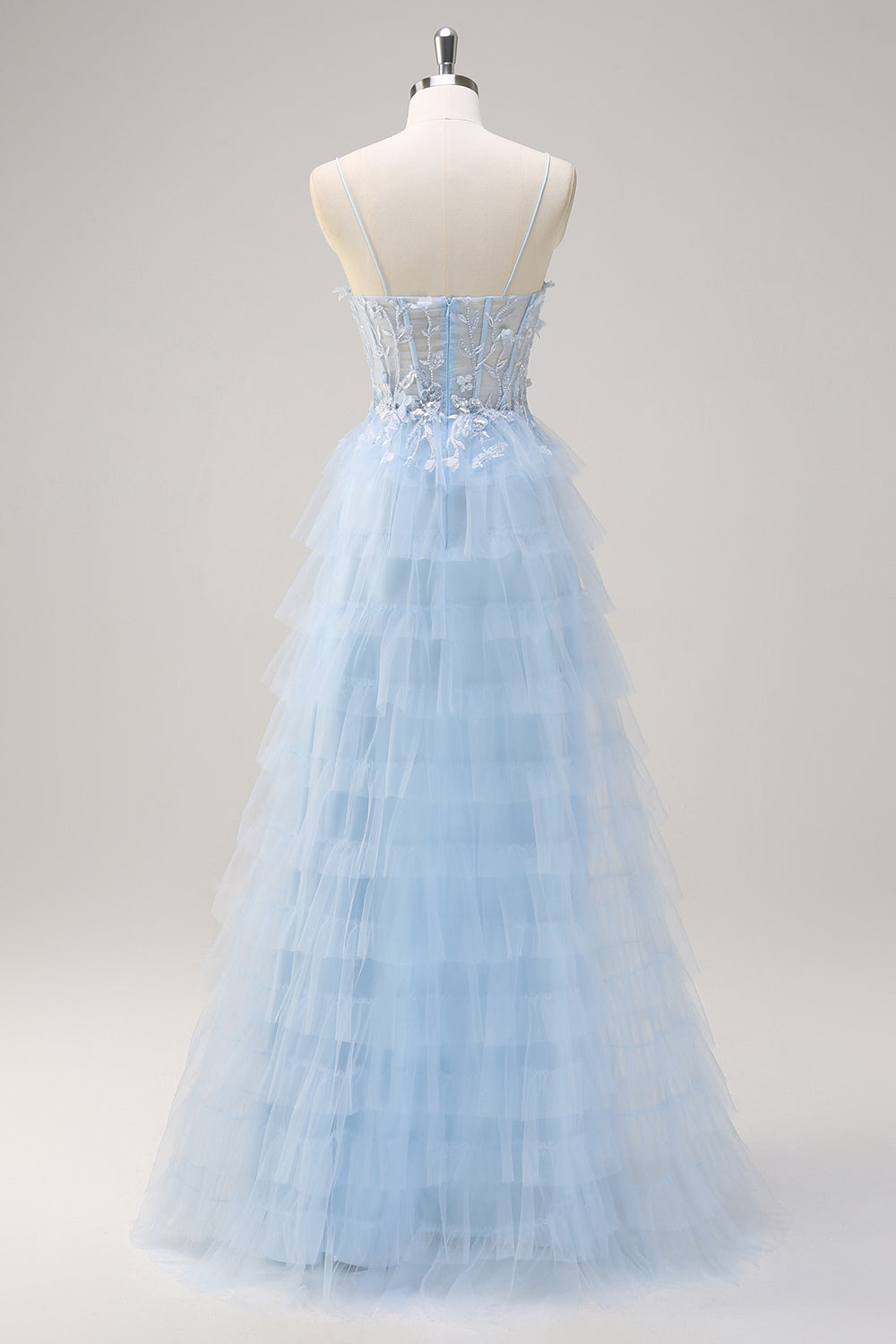Wedtrend Women Light Blue Corset Long Prom Dress with Tulle Slit A-Line Sequin Tiered Spaghetti Straps Evening Party Dress, Light Blue / US6 Wedtrend Women Light Blue Corset Long Prom Dress with Tulle Slit A-Line Sequin Tiered Spaghetti Straps Evening Party Dress, Light Blue / US6