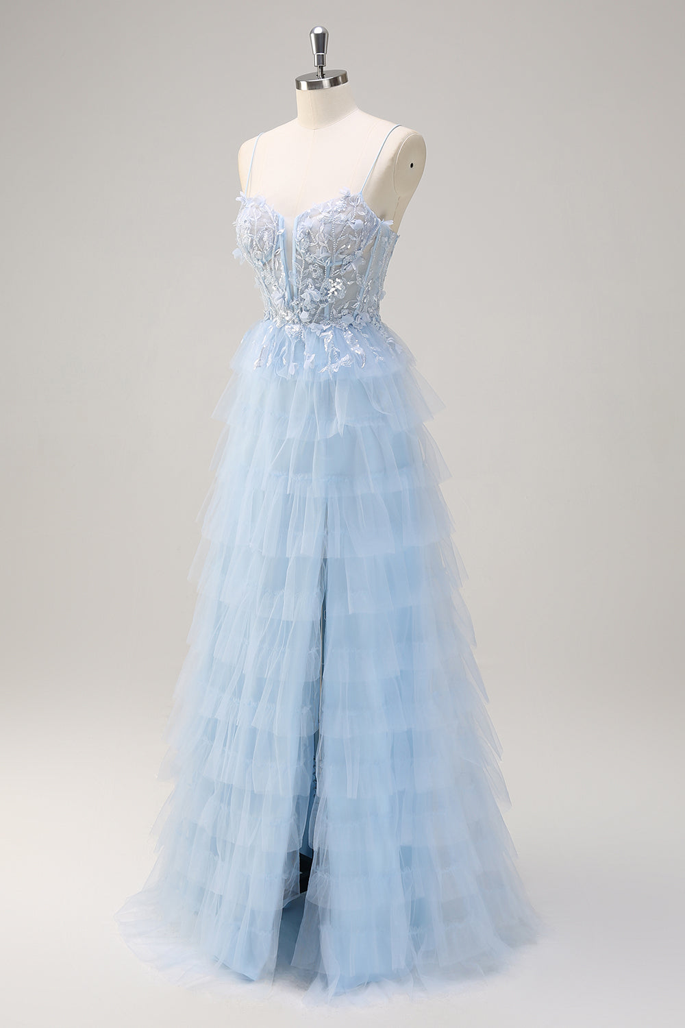 Wedtrend Women Light Blue Corset Long Prom Dress with Tulle Slit A-Line Sequin Tiered Spaghetti Straps Evening Party Dress WEDTREND Wedtrend Women Light Blue Corset Long Prom Dress with Tulle Slit A-Line Sequin Tiered Spaghetti Straps Evening Party Dress WEDTREND
