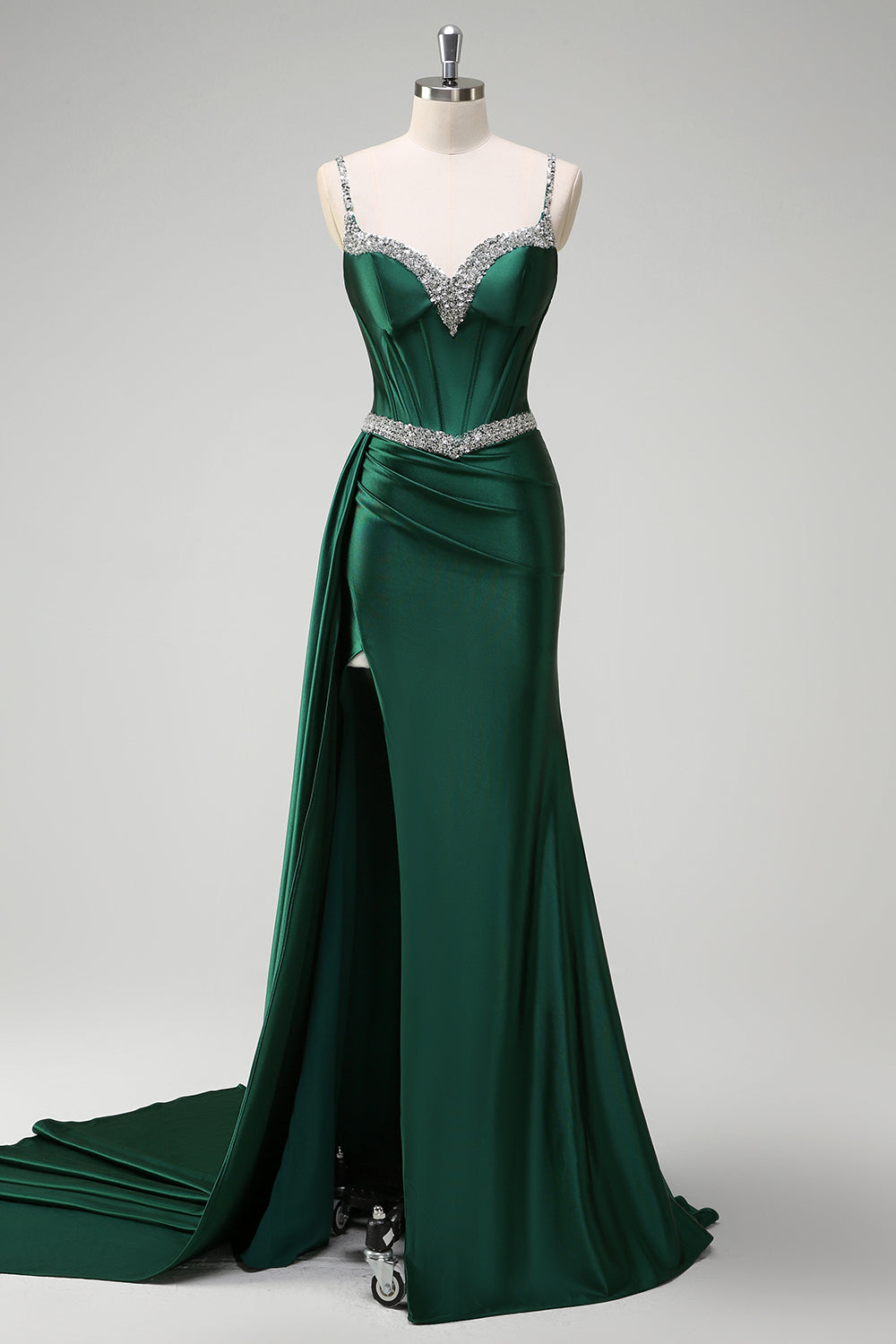 Wedtrend Women Sparkly Dark Green Sequin Prom Dress with Slit Mermaid Streamer Corset Long Evening Party Dress, Dark Green / US2 Wedtrend Women Sparkly Dark Green Sequin Prom Dress with Slit Mermaid Streamer Corset Long Evening Party Dress, Dark Green / US2