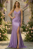 Sparkly Lilac Mermaid Spaghetti Straps Corset Applique Long Prom Dress with Slit