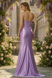 Sparkly Lilac Mermaid Spaghetti Straps Corset Applique Long Prom Dress with Slit