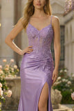Sparkly Lilac Mermaid Spaghetti Straps Corset Applique Long Prom Dress with Slit