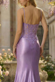 Sparkly Lilac Mermaid Spaghetti Straps Corset Applique Long Prom Dress with Slit