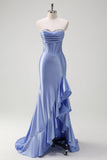 Sparkly Mermaid Strapless Corset Sequin Long Prom Dress with Ruffle Slit