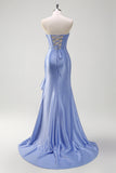 Sparkly Mermaid Strapless Corset Sequin Long Prom Dress with Ruffle Slit