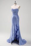 Sparkly Mermaid Strapless Corset Sequin Long Prom Dress with Ruffle Slit