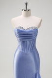 Sparkly Mermaid Strapless Corset Sequin Long Prom Dress with Ruffle Slit