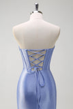 Sparkly Mermaid Strapless Corset Sequin Long Prom Dress with Ruffle Slit