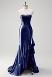 Sparkly Mermaid Strapless Corset Sequin Long Prom Dress with Ruffle Slit