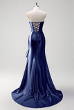 Sparkly Mermaid Strapless Corset Sequin Long Prom Dress with Ruffle Slit