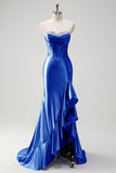 Sparkly Mermaid Strapless Corset Sequin Long Prom Dress with Ruffle Slit