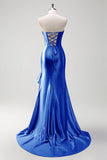 Sparkly Mermaid Strapless Corset Sequin Long Prom Dress with Ruffle Slit