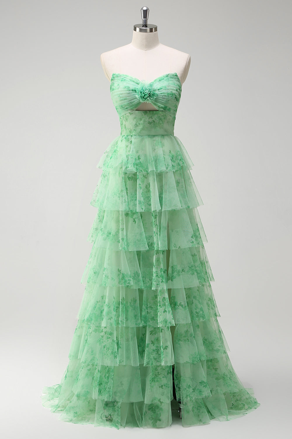 WEDTREND Women Strapless Prom Dress with Slit Green Floral A-Line Ruched Cut Out Corset Tiered Bridesmaid Dress WEDTREND Women Strapless Prom Dress with Slit Green Floral A-Line Ruched Cut Out Corset Tiered Bridesmaid Dress
