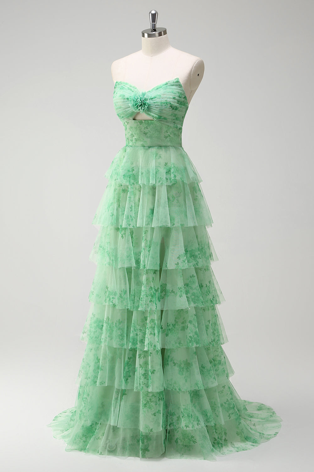 WEDTREND Women Strapless Prom Dress with Slit Green Floral A-Line Ruched Cut Out Corset Tiered Bridesmaid Dress WEDTREND Women Strapless Prom Dress with Slit Green Floral A-Line Ruched Cut Out Corset Tiered Bridesmaid Dress