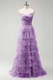 Green Floral A-Line Strapless Cut Out Ruffles Long Prom Dress with Slit