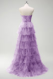 Green Floral A-Line Strapless Cut Out Ruffles Long Prom Dress with Slit