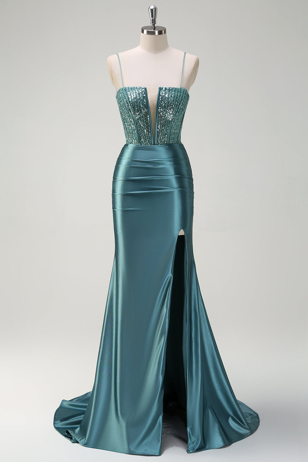 Wedtrend Women Sparkly Beaded Dusty Green Prom Dress Mermaid Cut Out Spaghetti Straps Long Formal Dress with Slit, Dusty Green / US8 Wedtrend Women Sparkly Beaded Dusty Green Prom Dress Mermaid Cut Out Spaghetti Straps Long Formal Dress with Slit, Dusty Green / US8