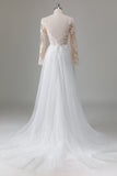 Ivory A Line V-Neck Long Sleeves Appliqued Wedding Dress with Slit