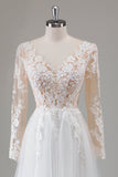 Ivory A Line V-Neck Long Sleeves Appliqued Wedding Dress with Slit