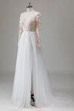 Ivory A Line V-Neck Long Sleeves Appliqued Wedding Dress with Slit