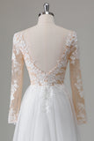 Ivory A Line V-Neck Long Sleeves Appliqued Wedding Dress with Slit
