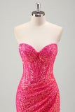 Sparkly Fuchsia Mermaid Sweetheart Corset Sequins Long Prom Dress with Slit