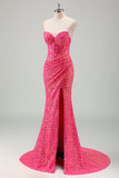 Sparkly Fuchsia Mermaid Sweetheart Corset Sequins Long Prom Dress with Slit