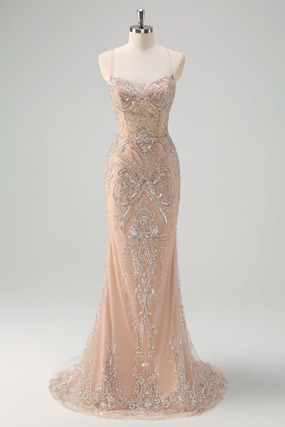 Wedtrend Women Sparkly Champagne Corset Prom Dress with Sequins Spaghetti Straps Mermaid Evening Party Dress, Champagne / US8 Wedtrend Women Sparkly Champagne Corset Prom Dress with Sequins Spaghetti Straps Mermaid Evening Party Dress, Champagne / US8