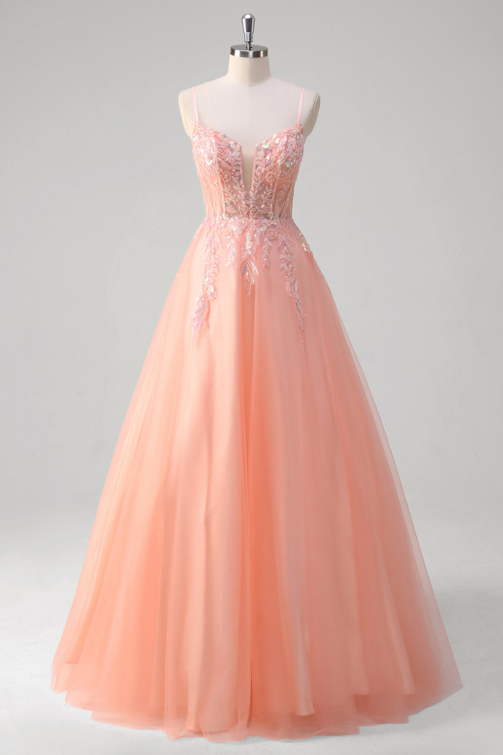 Wedtrend Women Sparkly Peach A-Line Long Prom Dress Spaghetti Straps Beaded Sequin Floral Corset Tulle Evening Dress, Peach / US16 Wedtrend Women Sparkly Peach A-Line Long Prom Dress Spaghetti Straps Beaded Sequin Floral Corset Tulle Evening Dress, Peach / US16