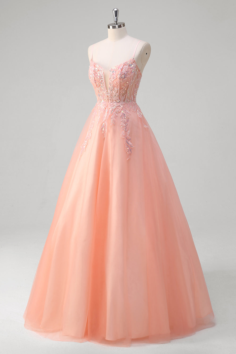 Wedtrend Women Sparkly Peach A-Line Long Prom Dress Spaghetti Straps Beaded Sequin Floral Corset Tulle Evening Dress WEDTREND Wedtrend Women Sparkly Peach A-Line Long Prom Dress Spaghetti Straps Beaded Sequin Floral Corset Tulle Evening Dress WEDTREND