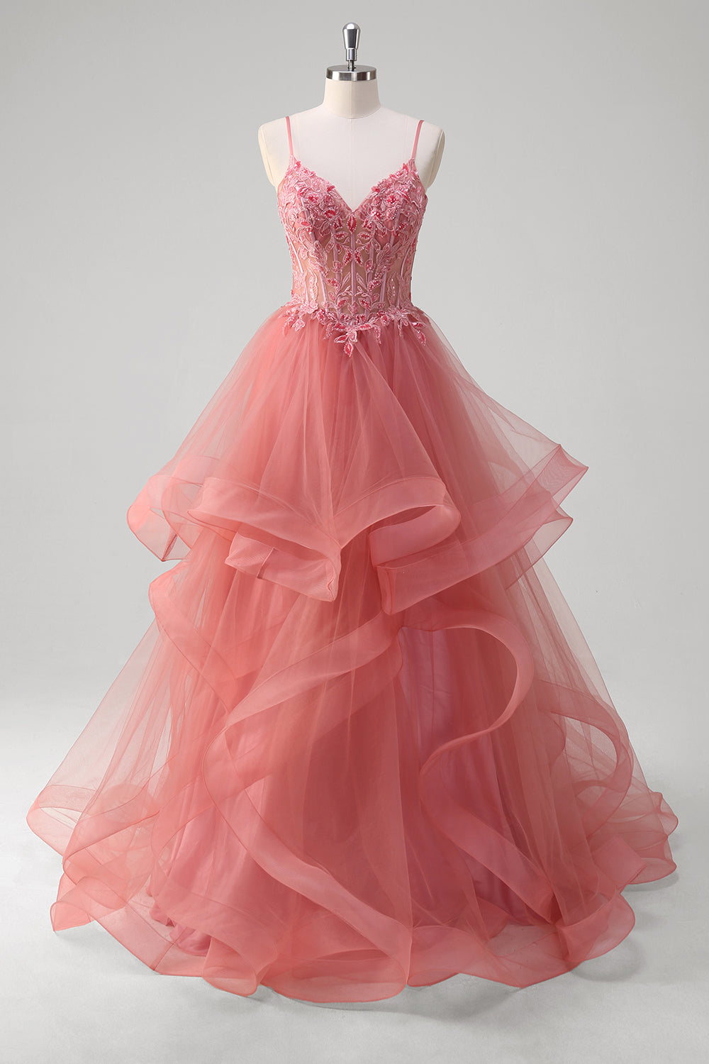Wedtrend Women Coral Long Prom Dress with Appliques A Line Spaghetti Straps Spiral Ruffles Corset Tiered Evening Dress WEDTREND Wedtrend Women Coral Long Prom Dress with Appliques A Line Spaghetti Straps Spiral Ruffles Corset Tiered Evening Dress WEDTREND