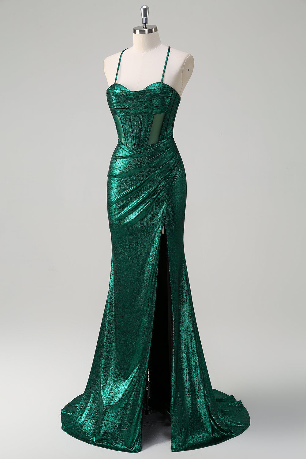 WEDTREND Women Sparkly Dark Green Metallic Prom Dress Corset Spaghetti Straps Mermaid Ruched Long Formal Dress with Slit WEDTREND Women Sparkly Dark Green Metallic Prom Dress Corset Spaghetti Straps Mermaid Ruched Long Formal Dress with Slit