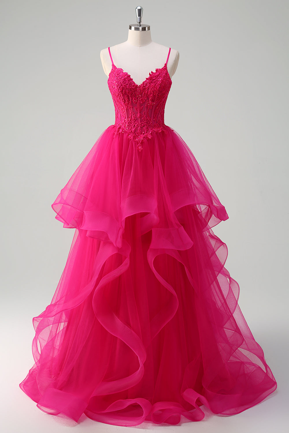 WEDTREND Women Hot Pink Long Prom Dress with Appliques Spaghetti Straps Corset Spiral Ruffles Princess Formal Dress WEDTREND Women Hot Pink Long Prom Dress with Appliques Spaghetti Straps Corset Spiral Ruffles Princess Formal Dress