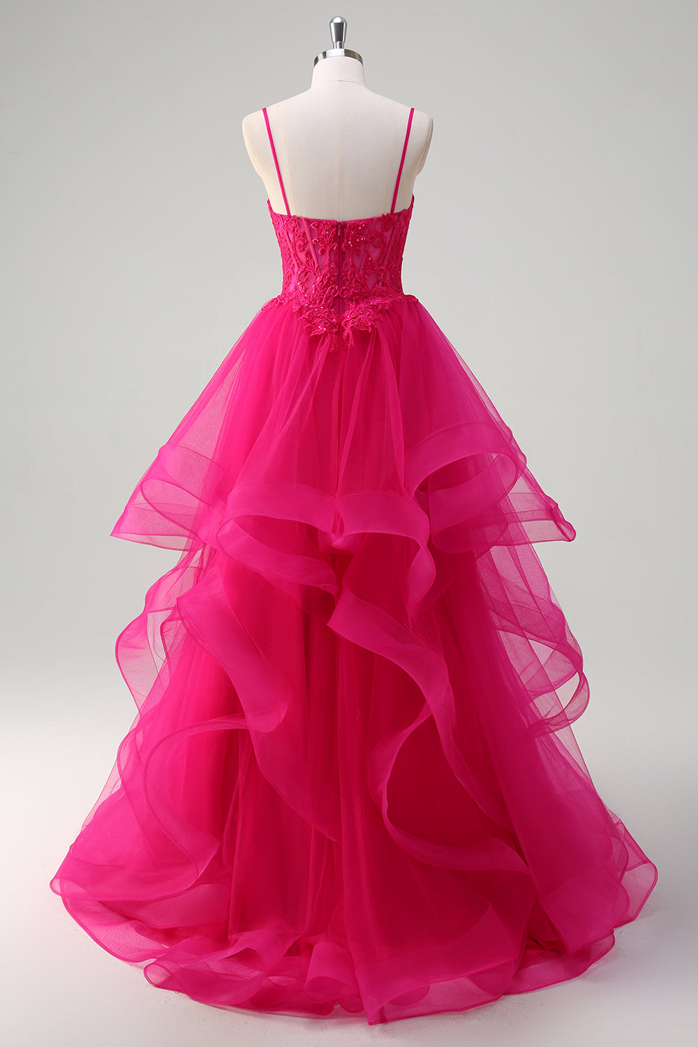 WEDTREND Women Hot Pink Long Prom Dress with Appliques Spaghetti Straps Corset Spiral Ruffles Princess Formal Dress WEDTREND Women Hot Pink Long Prom Dress with Appliques Spaghetti Straps Corset Spiral Ruffles Princess Formal Dress