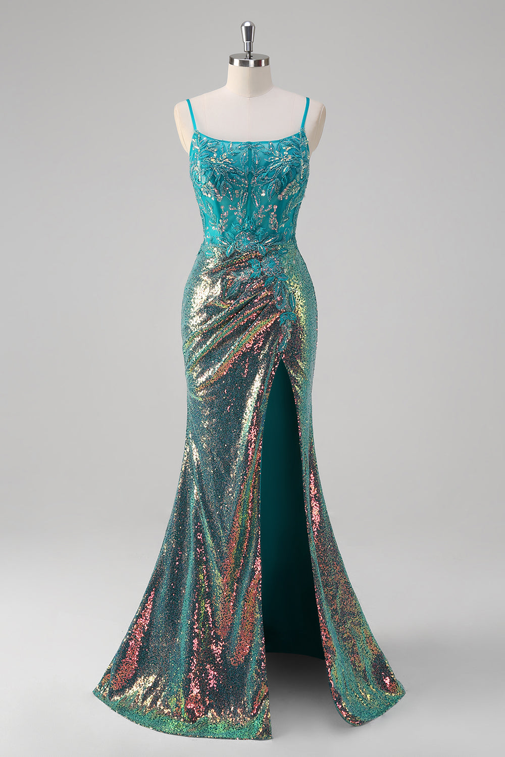 Wedtrend Women Sparkly Peacock Green Prom Dress with Slit Mermaid Spaghetti Straps Corset Sequin Evening Party Dress, Peacock Green / US16W Wedtrend Women Sparkly Peacock Green Prom Dress with Slit Mermaid Spaghetti Straps Corset Sequin Evening Party Dress, Peacock Green / US16W