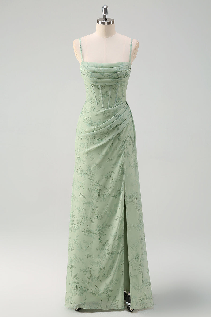WEDTREND Women Green Flower Bridesmaid Dress with Split Front A Line  Ruffled Straps Corset Long Wedding Party Dress
