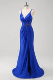 Sparkly Mermaid Spaghetti Straps Ruched Long Royal Blue Prom Dress With Slit