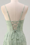 Dusty Sage Sheath Spaghetti Straps Pleated Long Bridesmaid Dress with Slit