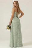 Dusty Sage Sheath Spaghetti Straps Pleated Long Plus Size Bridesmaid Dress with Slit
