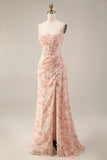 Dusty Sage Sheath Spaghetti Straps Pleated Long Bridesmaid Dress with Slit
