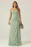 Dusty Sage Sheath Spaghetti Straps Pleated Long Plus Size Bridesmaid Dress with Slit
