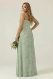 Dusty Sage Sheath Spaghetti Straps Pleated Long Plus Size Bridesmaid Dress with Slit