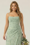 Dusty Sage Sheath Spaghetti Straps Pleated Long Plus Size Bridesmaid Dress with Slit