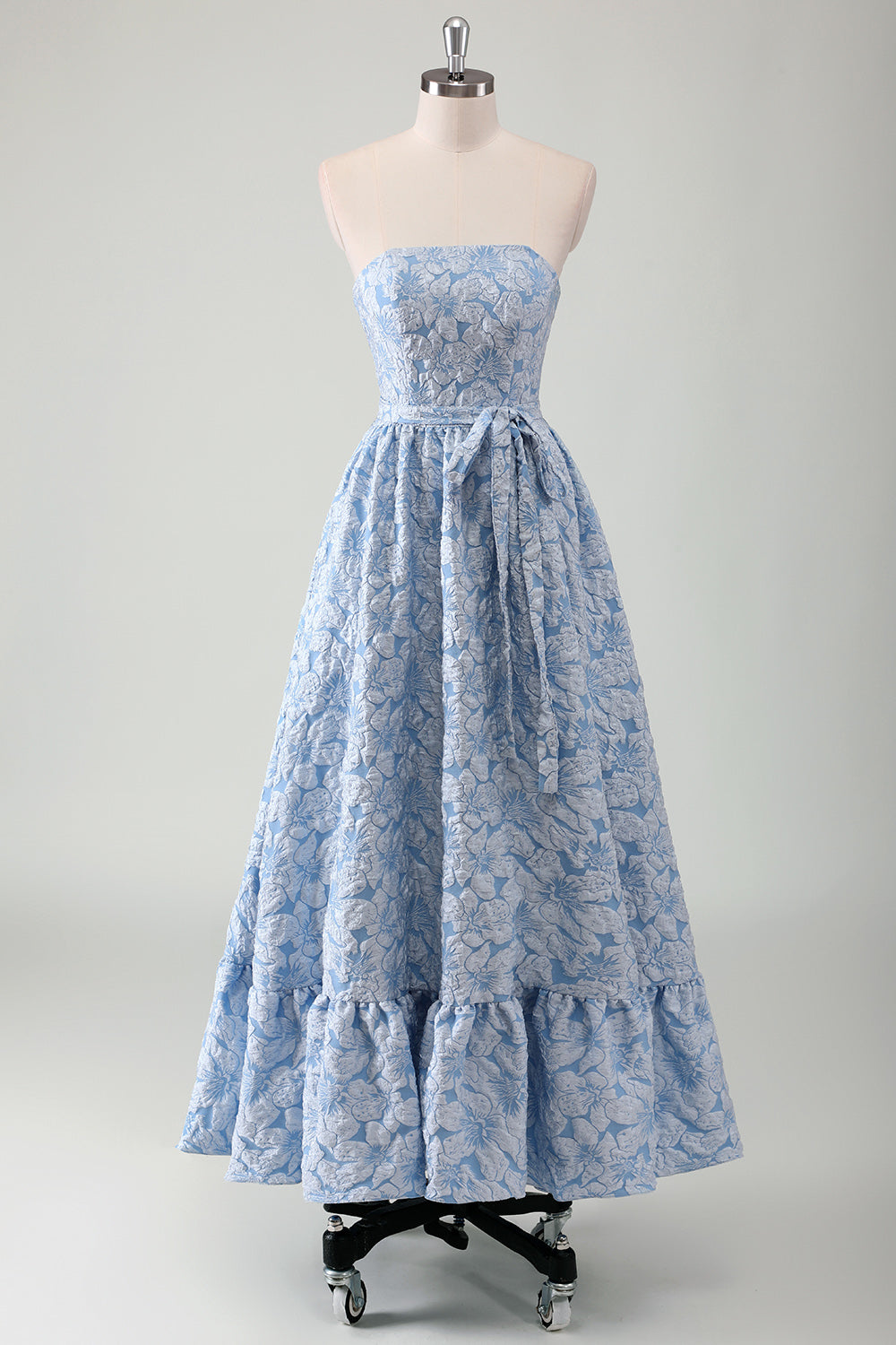 WEDTREND Women Blue Ruffled Prom Dress with Belt A-Line Strapless Maxi Formal Evening Dress WEDTREND Women Blue Ruffled Prom Dress with Belt A-Line Strapless Maxi Formal Evening Dress